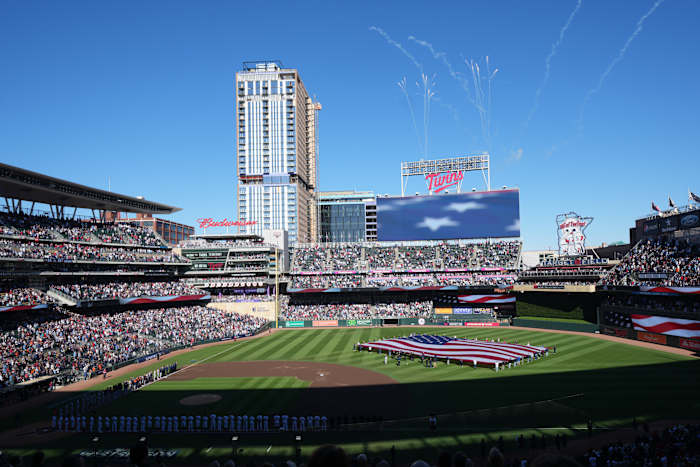 Oct 10, 2023; Minneapolis, Minnesota, USA; General view of the stadium during the National Anthem before the game between the Minnesota Twins and the Houston Astros during game three of the ALDS for the 2023 MLB playoffs at Target Field.